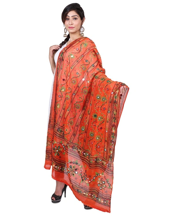Pehnava Women's Cotton Phulkari Embroidered Dupatta - Orange - Free Size ( 2.25 mtrs) 