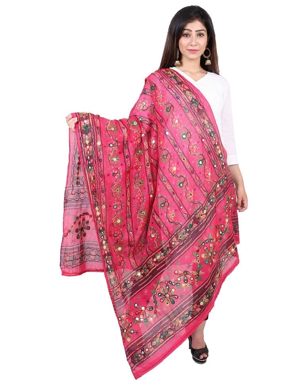 Pehnava Women's Cotton Phulkari Embroidered Dupatta - Pink - Free Size ( 2.25 mtrs) 