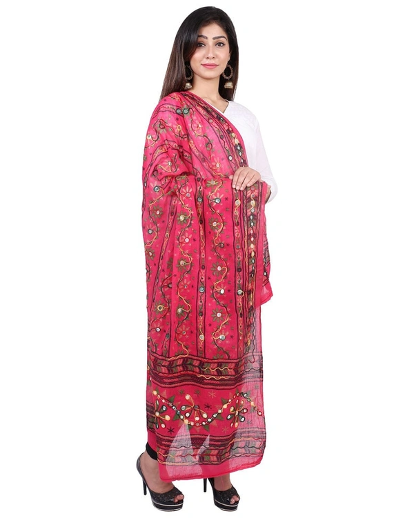 Pehnava Women's Cotton Phulkari Embroidered Dupatta - Pink - Free Size ( 2.25 mtrs) 