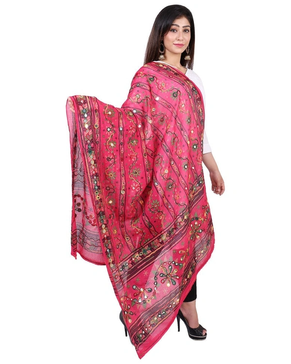 Pehnava Women's Cotton Phulkari Embroidered Dupatta - Pink - Free Size ( 2.25 mtrs) 