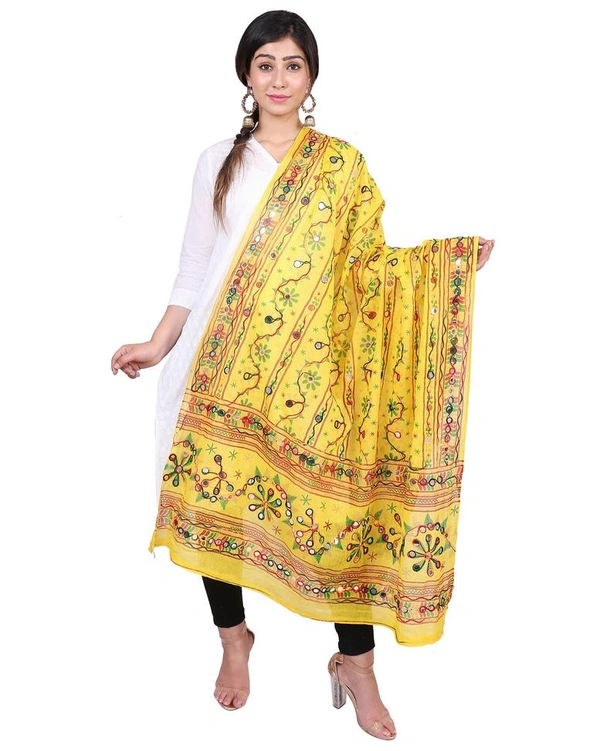 Pehnava Women's Cotton Phulkari Embroidered Dupatta - Yellow - Free Size ( 2.25 mtrs) 
