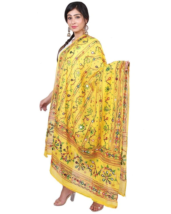 Pehnava Women's Cotton Phulkari Embroidered Dupatta - Yellow - Free Size ( 2.25 mtrs) 