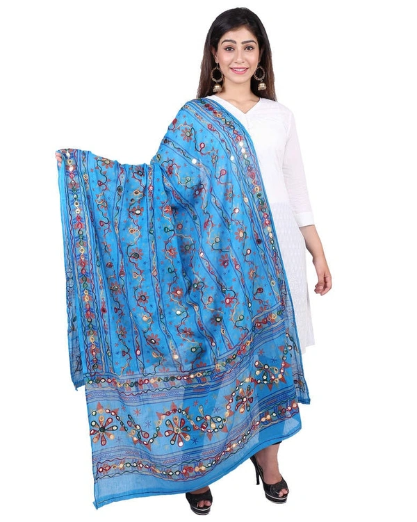 Pehnava Women's Cotton Phulkari Embroidered Dupatta - Blue - Free Size ( 2.25 mtrs ) 