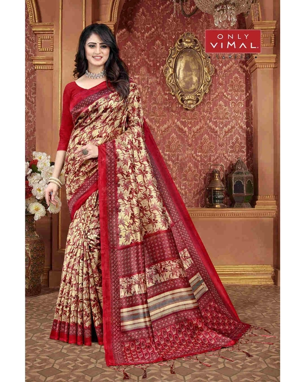 Only Vimal Women's Printed Mysore Art Silk Saree With Blouse  - Brown, 6.3 mtrs w/blouse