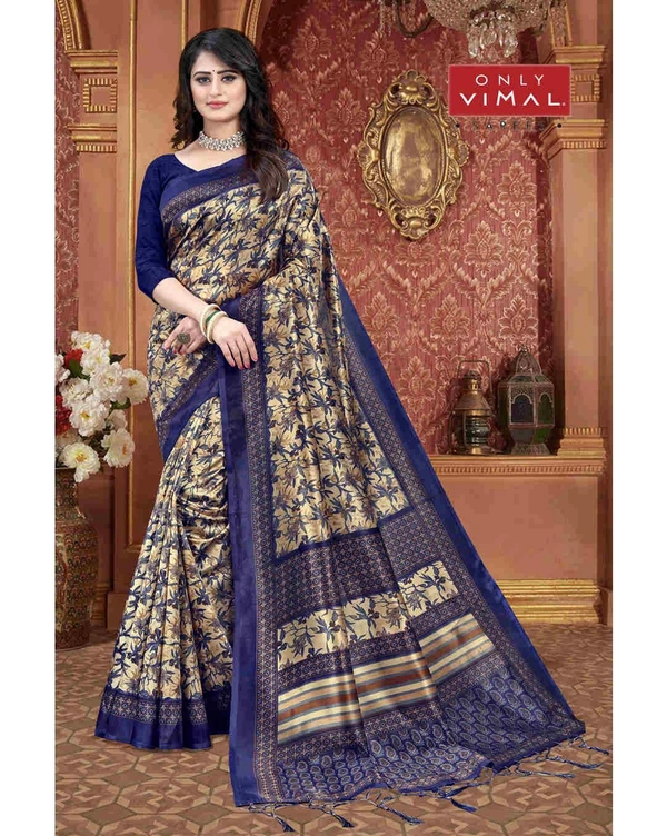 Only Vimal Women's Printed Mysore Art Silk Saree With Blouse  - Blue, 6.3 mtrs w/blouse
