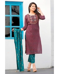 Pehnava Women's Rayon Printed Straight Kurta Pant And Dupatta Set - S