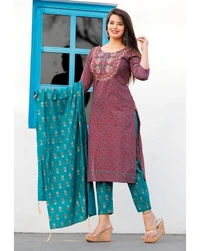 Pehnava Women's Rayon Printed Straight Kurta Pant And Dupatta Set - L