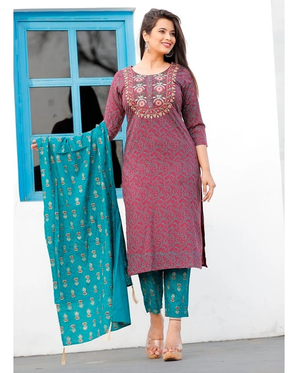Pehnava Women's Rayon Printed Straight Kurta Pant And Dupatta Set - L