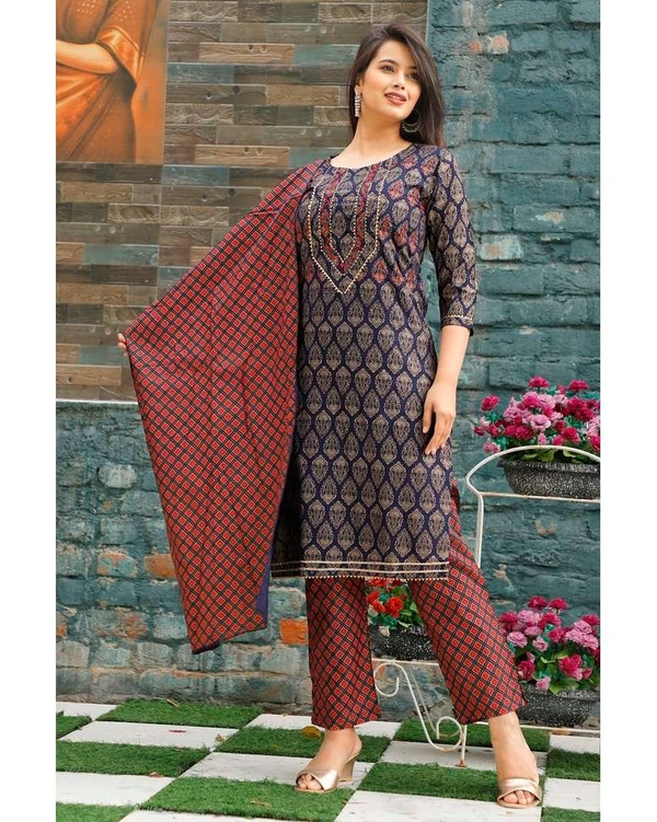 Pehnava Women's Rayon Printed Straight Kurta Pant And Dupatta Set - L