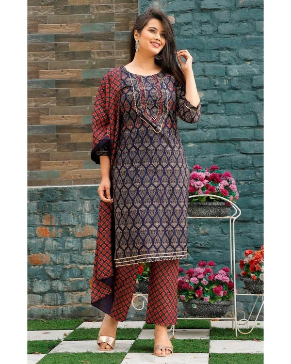 Pehnava Women's Rayon Printed Straight Kurta Pant And Dupatta Set - L