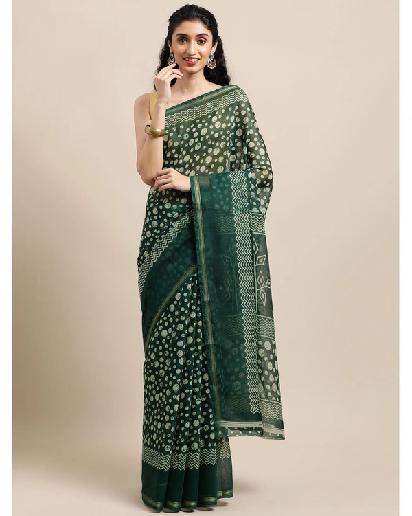 Pehnava Beautiful Banarsi Cotton Polka Dots Bollywood Saree W/blouse - Bottle Green - 6.3 mtrs w/blouse
