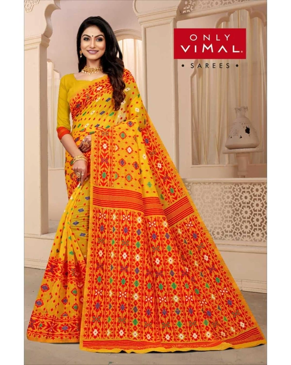 Only Vimal Cotton-Mix Jamdani Saree Double Border With Blouse - Yellow, 6.3 mtrs w/blouse