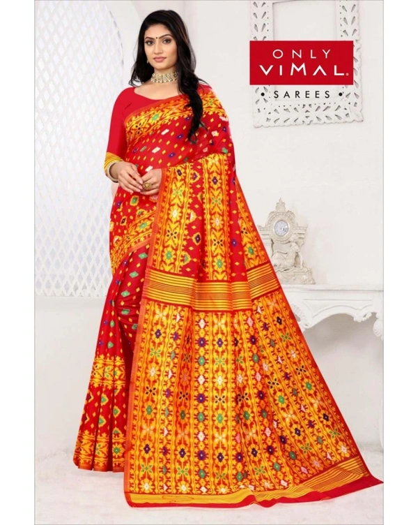 Only Vimal Cotton-Mix Jamdani Saree Double Border With Blouse - Red, 6.3 mtrs w/blouse