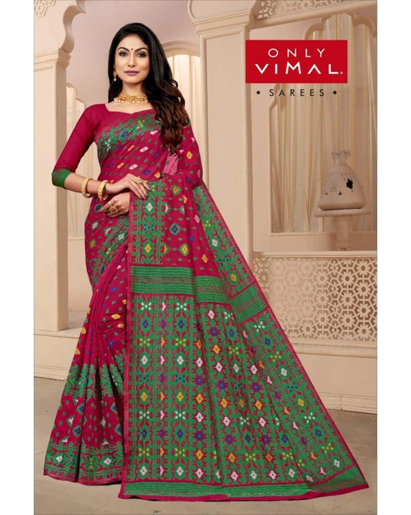 Only Vimal Cotton-Mix Jamdani Saree Double Border With Blouse - Magenta, 6.3 mtrs w/blouse