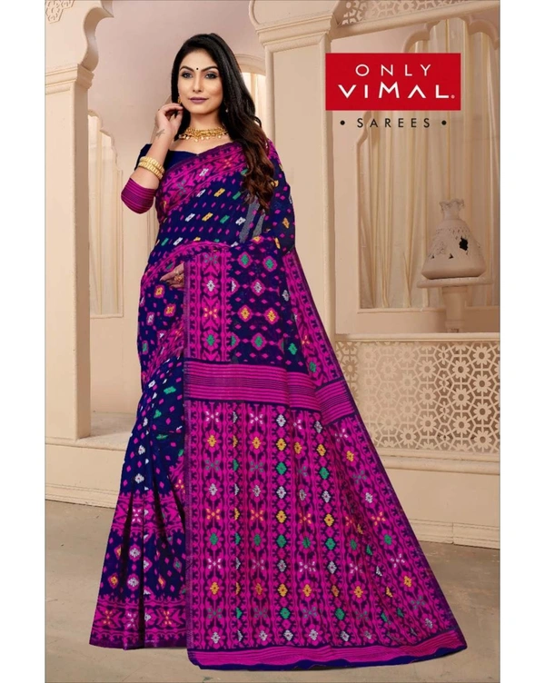Only Vimal Cotton-Mix Jamdani Saree Double Border With Blouse - Navy, 6.3 mtrs w/blouse