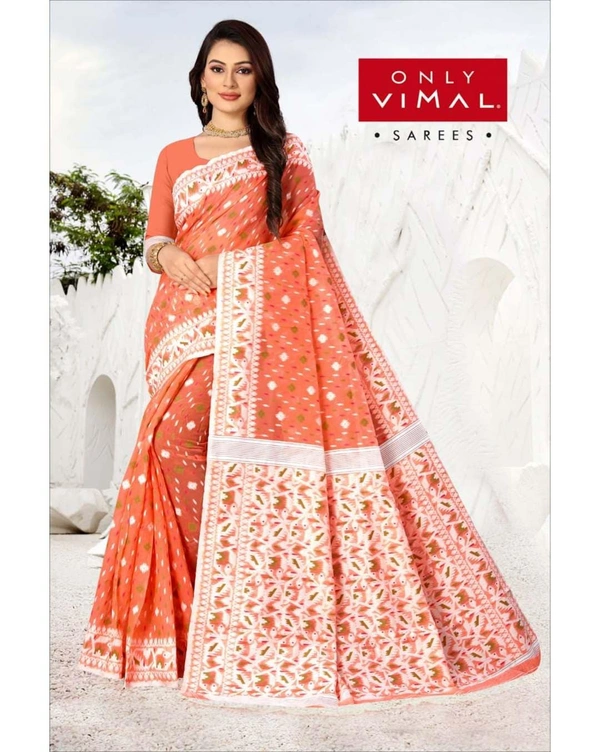 Only Vimal Beautiful Jamdani Cotton Printed Saree With Blouse - Peach, 6.3 mtrs w/blouse