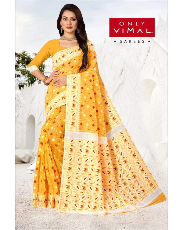 Only Vimal Beautiful Jamdani Cotton Printed Saree With Blouse - Gold, 6.3 mtrs w/blouse