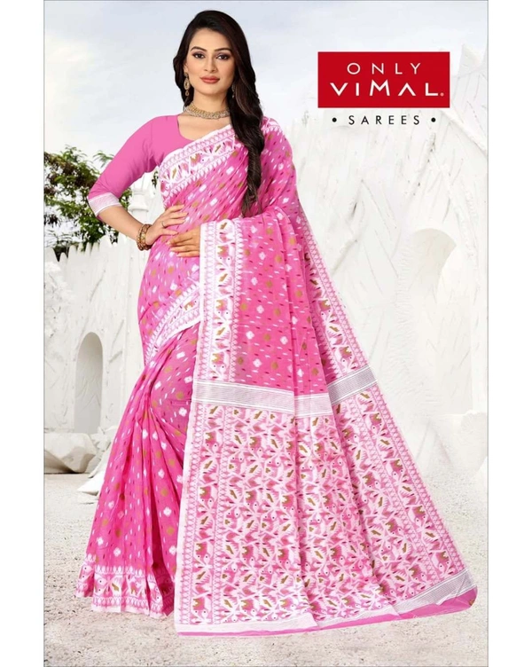 Only Vimal Beautiful Jamdani Cotton Printed Saree With Blouse - Pink, 6.3 mtrs w/blouse