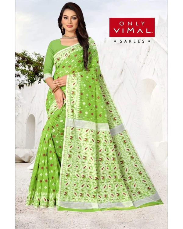 Only Vimal Beautiful Jamdani Cotton Printed Saree With Blouse - Green, 6.3 mtrs w/blouse