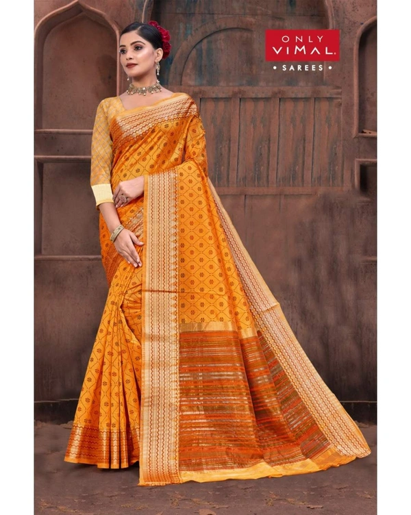 Only Vimal Chanderi Cotton Textured Regular Saree With Blouse - Mustard, 6.3 mtrs w/blouse