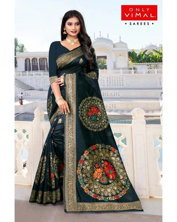Only Vimal Heavy Banarsi Art Silk Saree With Zari Buta Border And Blouse - Navy, 6.3 mtrs w/blouse