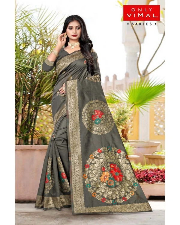 Only Vimal Heavy Banarsi Art Silk Saree With Zari Buta Border And Blouse - Grey, 6.3 mtrs w/blouse