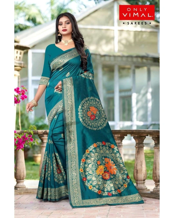 Only Vimal Heavy Banarsi Art Silk Saree With Zari Buta Border And Blouse - Turquoise, 6.3 mtrs w/blouse