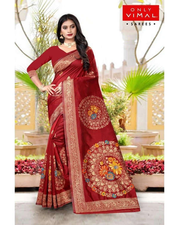 Only Vimal Heavy Banarsi Art Silk Saree With Zari Buta Border And Blouse - Maroon, 6.3 mtrs w/blouse