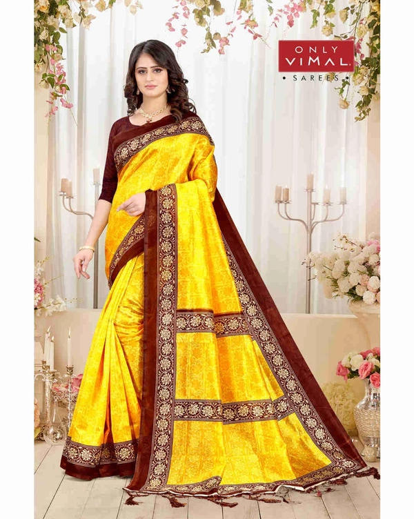 Only Vimal Mysore Art Silk Printed Saree With Blouse - Yellow, 6.3 mtrs w/blouse