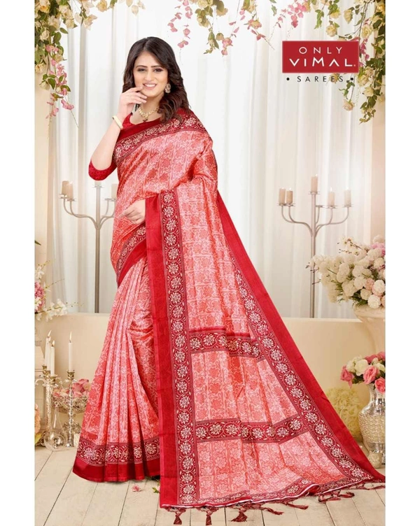 Only Vimal Mysore Art Silk Printed Saree With Blouse - Red , 6.3 mtrs w/blouse
