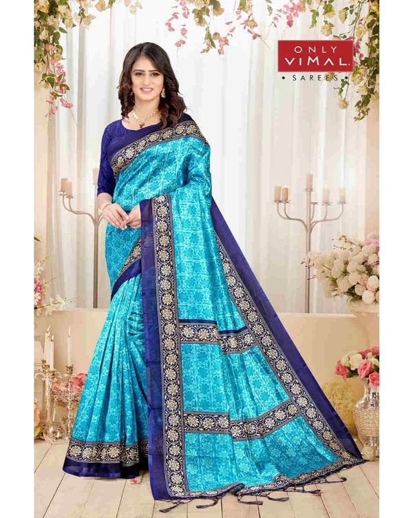 Only Vimal Mysore Art Silk Printed Saree With Blouse - Light Blue, 6.3 mtrs w/blouse