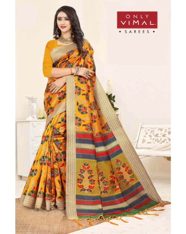 Only Vimal Mysore Silk Printed Saree With Jhalar And Blouse Piece - Mustard, 6.3 mtrs w/blouse