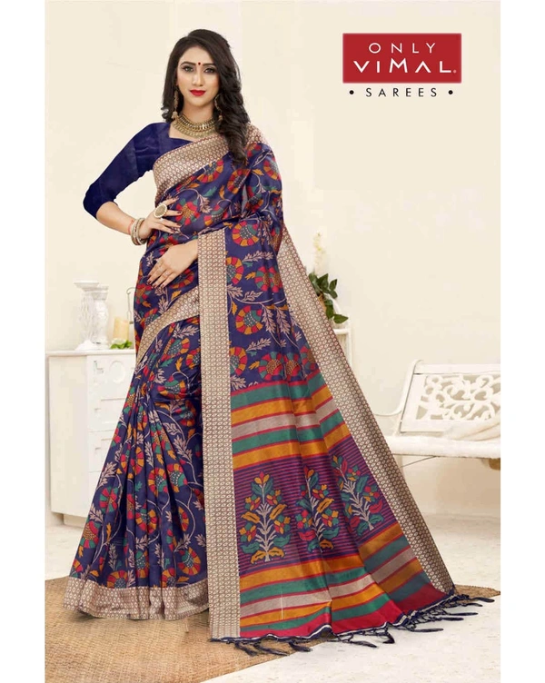 Only Vimal Mysore Silk Printed Saree With Jhalar And Blouse Piece - Navy, 6.3 mtrs w/blouse
