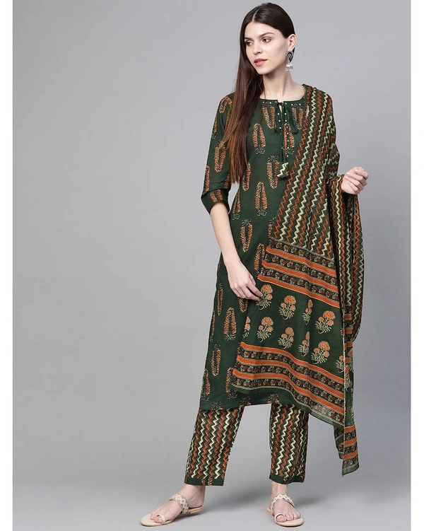 Women's Cotton Green & Rust Orange Printed Kurta with Trousers & Dupatta - Green, XL