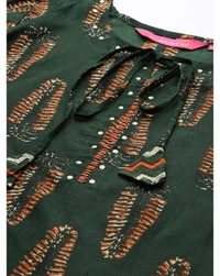 Women's Cotton Green & Rust Orange Printed Kurta with Trousers & Dupatta - Green, XL