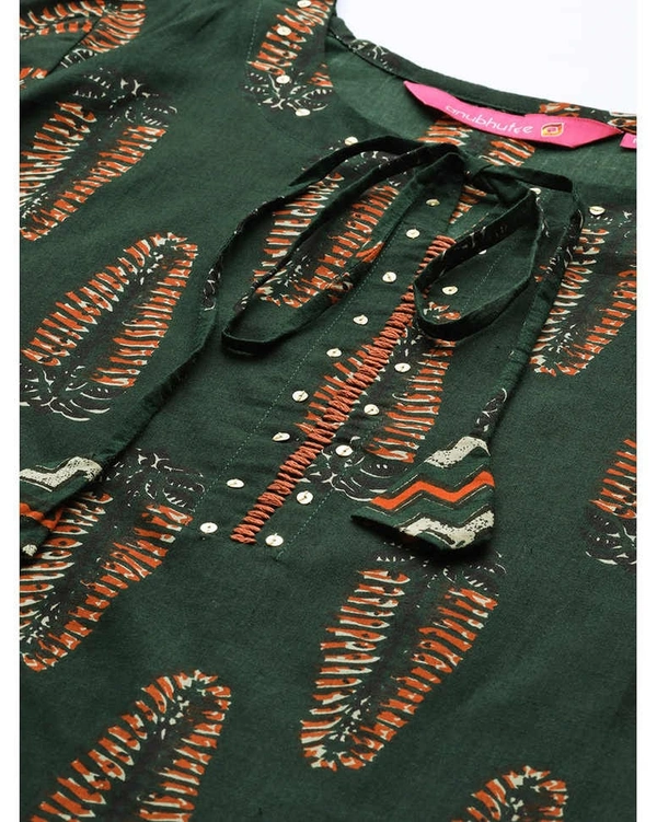 Women's Cotton Green & Rust Orange Printed Kurta with Trousers & Dupatta - Green, XL