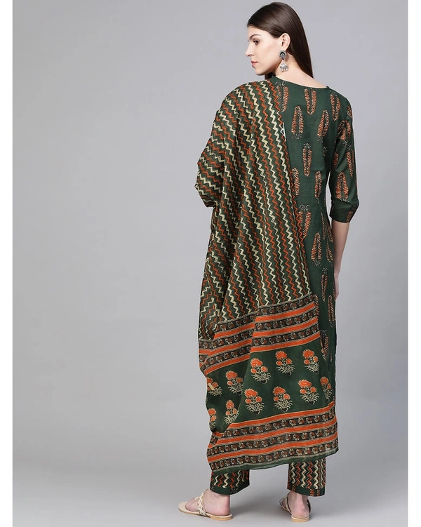Women's Cotton Green & Rust Orange Printed Kurta with Trousers & Dupatta - Green, XL