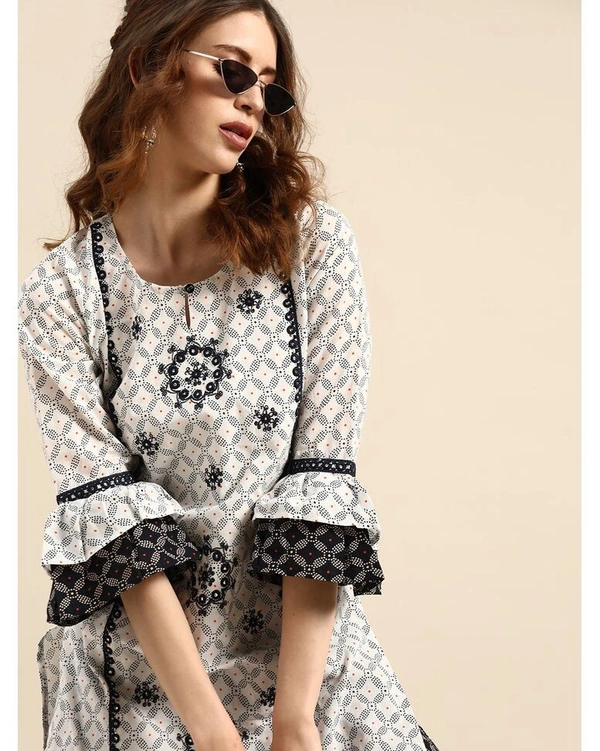 Women's White & Blue Printed & Embroidered Straight Kurta with Palazzo - L 