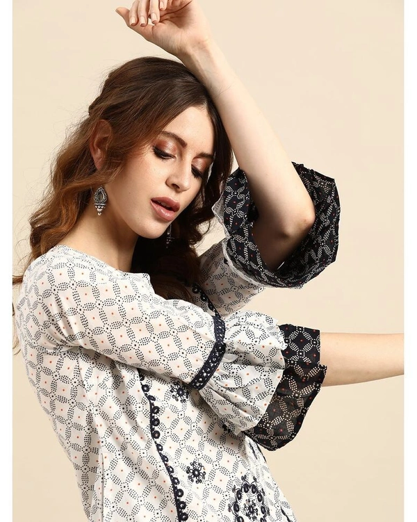 Women's White & Blue Printed & Embroidered Straight Kurta with Palazzo - L 