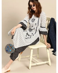 Women's White & Blue Printed & Embroidered Straight Kurta with Palazzo - L 