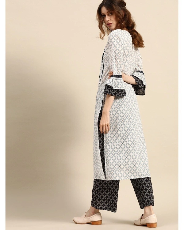 Women's White & Blue Printed & Embroidered Straight Kurta with Palazzo - L 