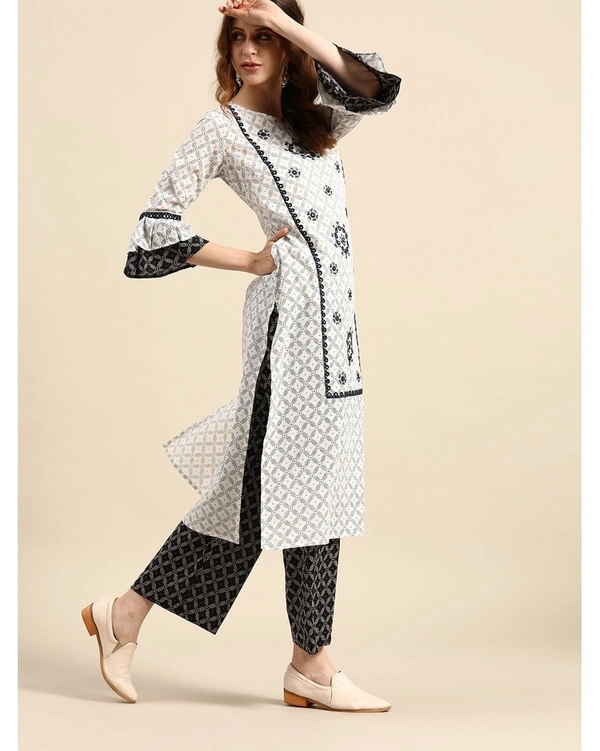 Women's White & Blue Printed & Embroidered Straight Kurta with Palazzo - L 