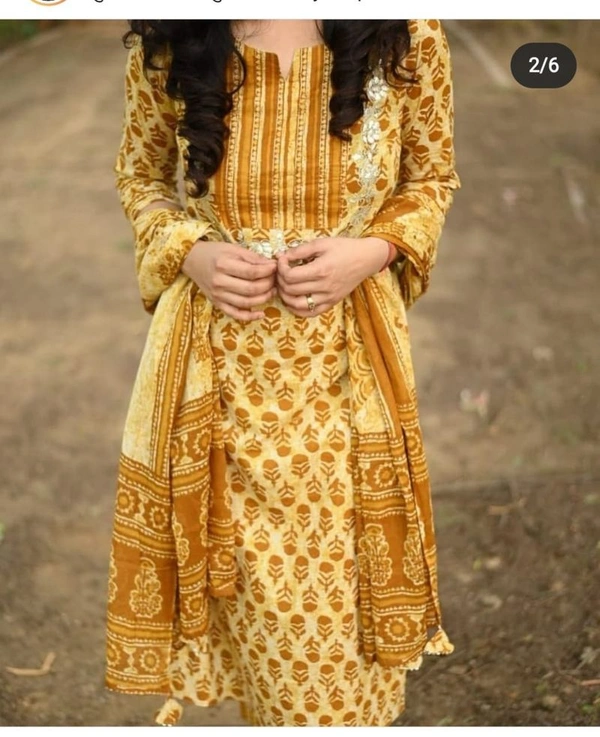 Pehnava Women's Cotton Printed Kurta Pant And Dupatta Set - Shade Of Yellow, L/40