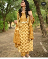 Pehnava Women's Cotton Printed Kurta Pant And Dupatta Set - Shade Of Yellow, L/40