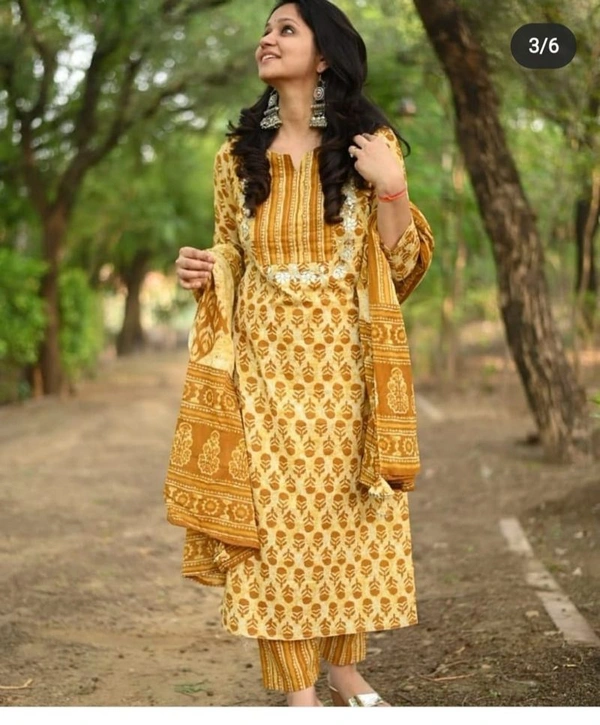 Pehnava Women's Cotton Printed Kurta Pant And Dupatta Set - Shade Of Yellow, L/40