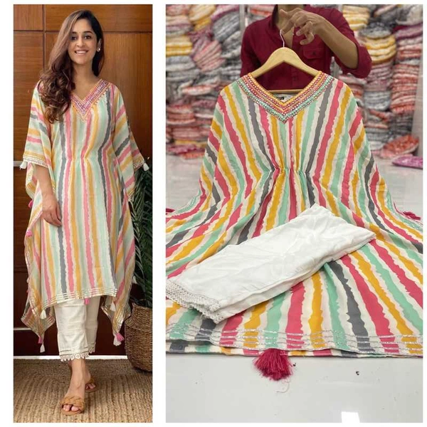 Pehnava Muslin Mirror Work Stripped Kaftan Kurta Set for Women - L/40, Rainbow Stripes