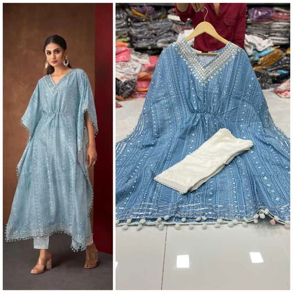 Pehnava Muslin Mirror Work Kaftan Kurta Set for Women Skyblu - L/40