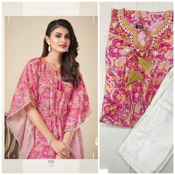 Pehnava Muslin Mirror Work Kaftan Kurta Set for Women Pink - L/40