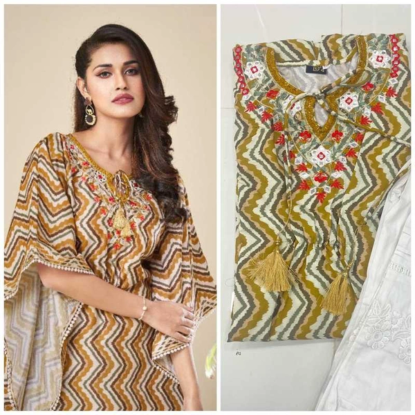 Pehnava Muslin Mirror Work Kaftan Kurta Set for Women Mehendi - L/40