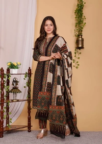 Pehnava Pure Cambric Cotton Women's Straight Kurta Pant Dupatta Set - Dark Green, L/40